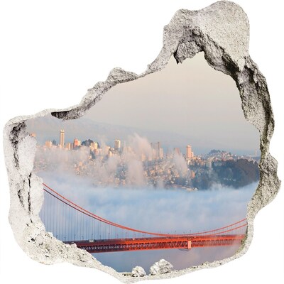 3D muursticker effect gat in de muur De Golden Gate Bridge in de wolken
