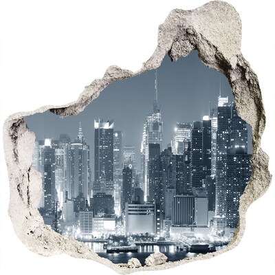 3D muursticker effect gat in de muur De skyline van New York 's nachts