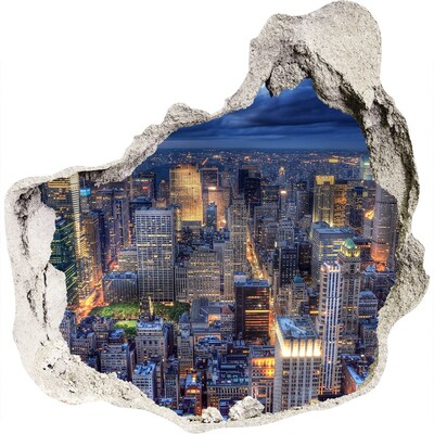 3D wandsticker gat in de muur De skyline van New York 's nachts