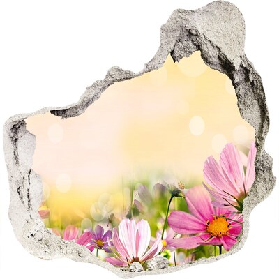 3D muursticker effect gat in de muur Een bloemenlandschap achter een gat in de muur.