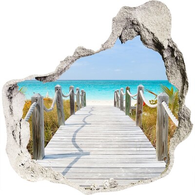 3D wandsticker gat in de muur Tropisch strand met een houten pier