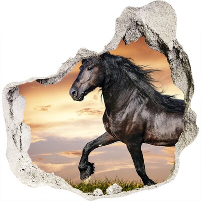 Zelfklevende muursticker 3D gat Wild paard tegen de achtergrond van de zonsondergang