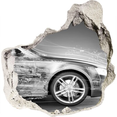 3D wandsticker gat in de muur Een auto rijdt dwars door een muur.