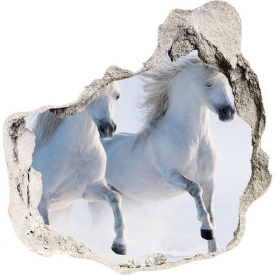 3D wandsticker gat in de muur Witte paarden op de vlucht