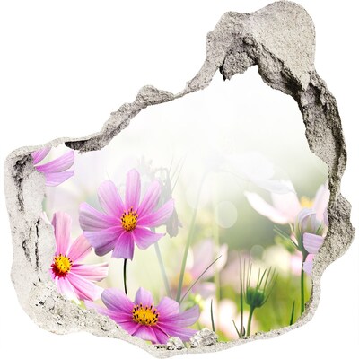 3D muursticker effect gat in de muur Een bloemenparadijs achter de muur.