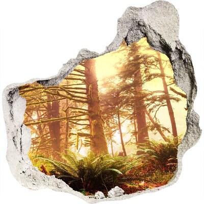 3D muursticker effect gat in de muur Een oase in het bos, badend in de zon.