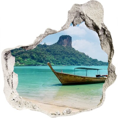 Zelfklevende muursticker 3D gat Paradijselijk strand met een boot