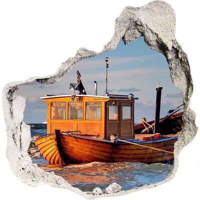 Zelfklevende muursticker 3D gat Een baai met een vissersboot