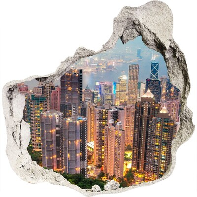 Zelfklevende muursticker 3D gat Uitzicht op Hongkong 's nachts