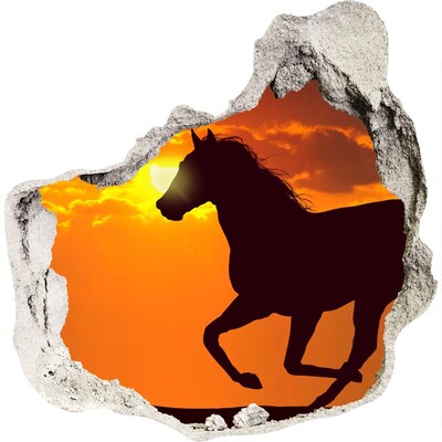 3D wandsticker gat in de muur Paard bij zonsondergang