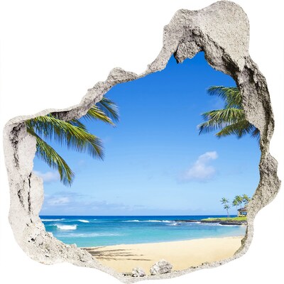 3D muursticker effect gat in de muur Caribisch strand door een gat in de muur