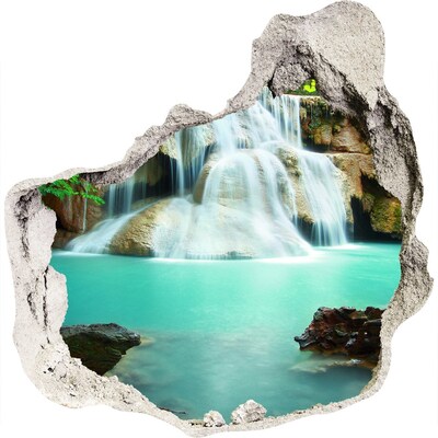 3D muursticker effect gat in de muur Een waterval in een tropisch paradijs