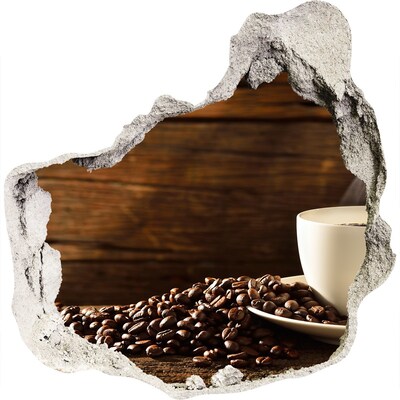 3D wandsticker gat in de muur Koffie en bonen op een houten achtergrond