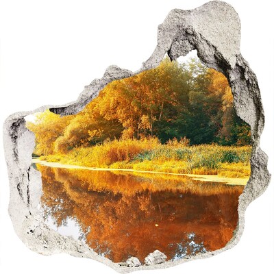 Zelfklevende muursticker 3D gat Herfstlandschap aan de rivier