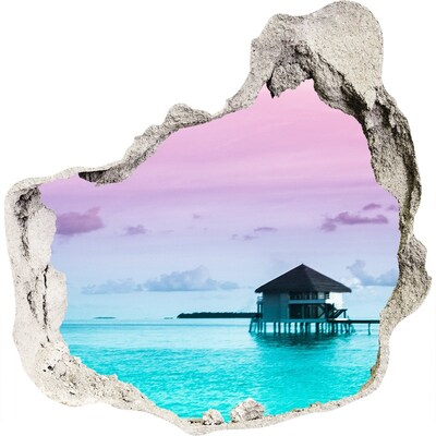 3D muursticker effect gat in de muur Een tropische oase aan het water