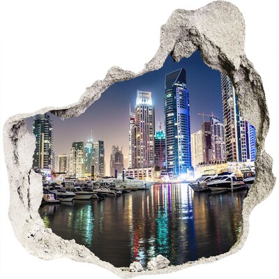 3D muursticker effect gat in de muur Een moderne stad aan het water
