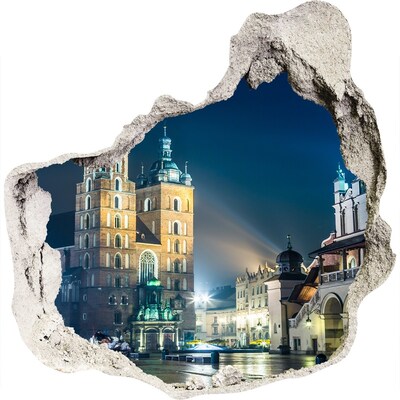 3D muursticker effect gat in de muur De nachtelijke hemel van Krakau