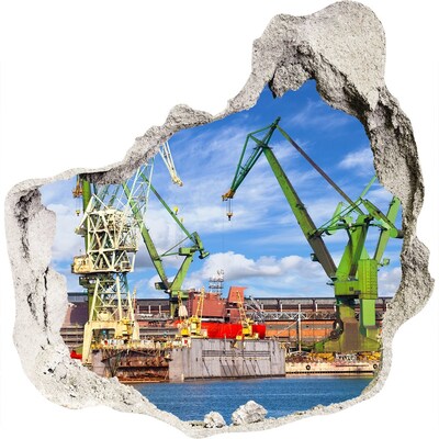 3D muursticker effect gat in de muur Industriële haven in actie