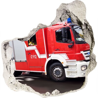 3D wandsticker gat in de muur Brandweerwagen in actie