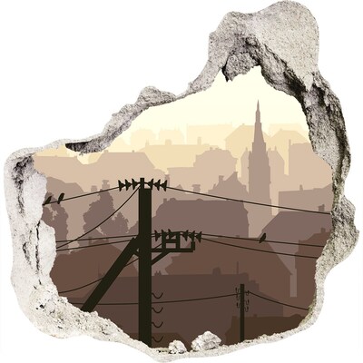 Zelfklevende muursticker 3D gat Uitzicht op de stad door een gat in de muur.