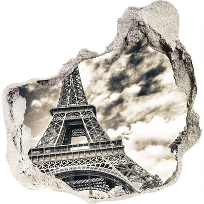 3D muursticker effect gat in de muur De Eiffeltoren in de wolken
