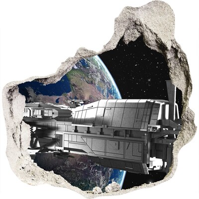 3D muursticker effect gat in de muur Een ruimteschip in de lucht