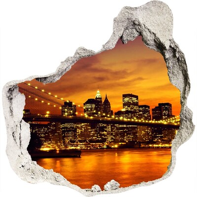 3D muursticker effect gat in de muur De skyline van New York bij zonsondergang