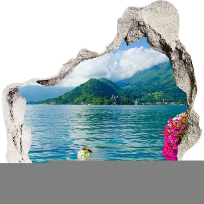 3D wandsticker gat in de muur Berglandschap aan het meer