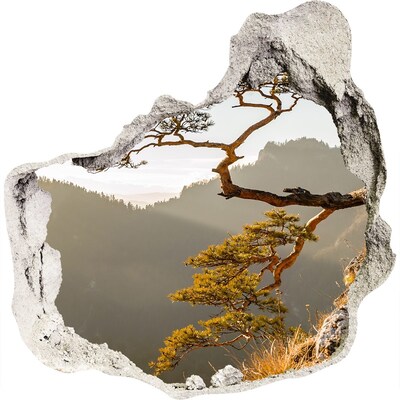 Zelfklevende muursticker 3D gat Berglandschap met een boom