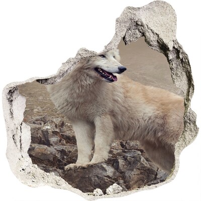 3D muursticker effect gat in de muur Wolf in een berglandschap