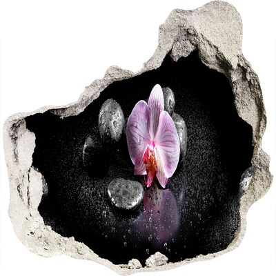 Zelfklevende muursticker 3D gat Orchideebloem omringd door stenen