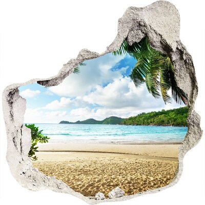 3D muursticker effect gat in de muur Tropisch strand met palmbomen