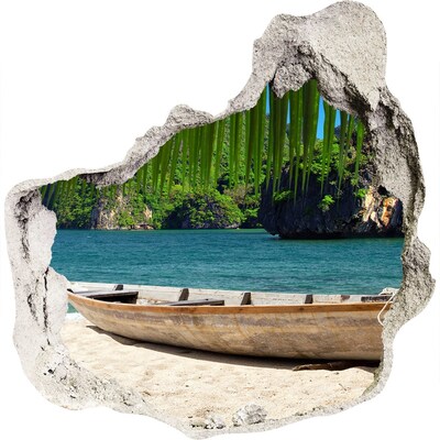 3D muursticker effect gat in de muur Tropische baai met een boot