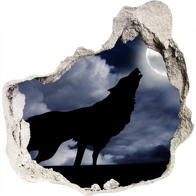 3D muursticker effect gat in de muur Wolf tegen de maan