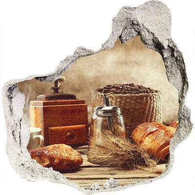 3D muursticker effect gat in de muur Koffie en vers brood in de ochtend