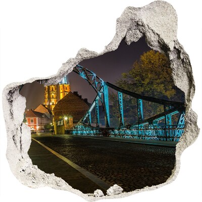 3D wandsticker gat in de muur De brug in het nachtelijke landschap