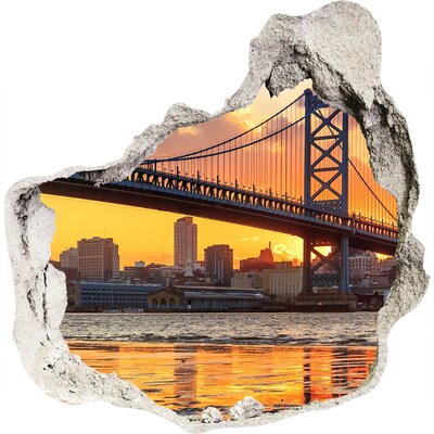 3D wandsticker gat in de muur Zonsondergang boven de brug