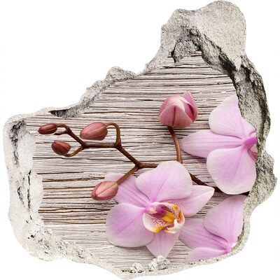 3D muursticker effect gat in de muur Orchideeën op een houten achtergrond