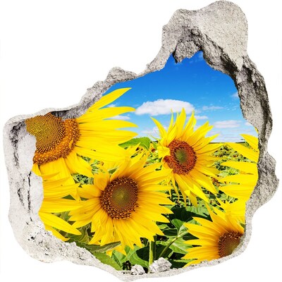 3D muursticker effect gat in de muur Een bloemenparadijs met zonnebloemen.