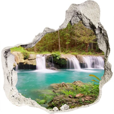 3D muursticker effect gat in de muur Watervallen in een tropisch bos