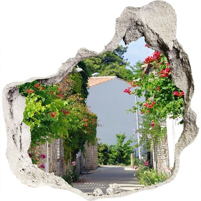 3D wandsticker gat in de muur Een charmante straat met bloemen