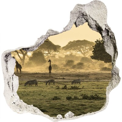 3D wandsticker gat in de muur Afrikaanse savanne met giraffen en zebra's