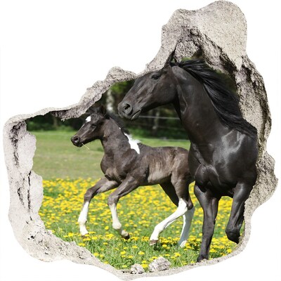 3D muursticker effect gat in de muur Paarden in de wei