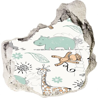 3D muursticker effect gat in de muur Dieren in de jungle