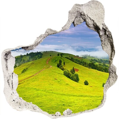 3D muursticker effect gat in de muur Groene heuvels in de wolken