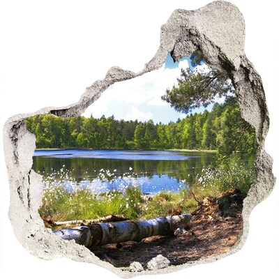 3D muursticker effect gat in de muur Groen bos aan het meer