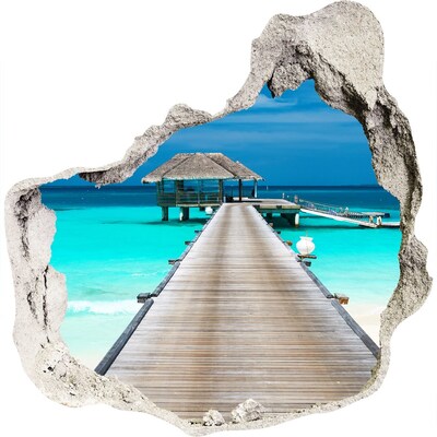 3D muursticker effect gat in de muur Tropische pier boven turkoois water
