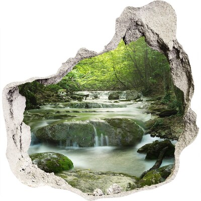 Zelfklevende muursticker 3D gat Groene vallei met een waterval