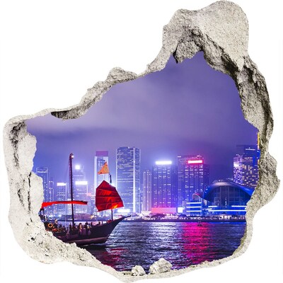 3D muursticker effect gat in de muur Uitzicht op Hongkong 's nachts