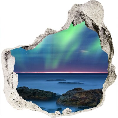 Zelfklevende muursticker 3D gat Aurora Borealis boven de oceaan